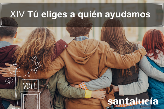 Banner de la campaña “Tú eliges a quién ayudamos”, con varias personas abrazadas de espaldas