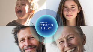 Logo Santalucía Espacio Futuro sobre fondo con varias personas, innovación y futuro digital