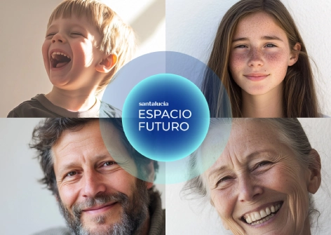 Logo Santalucía Espacio Futuro sobre fondo con varias personas, innovación y futuro digital