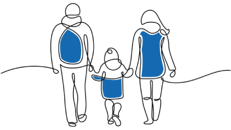 Ilustración lineal de tres personas caminando tomadas de la mano, detalles en azul