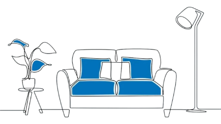 Ilustración minimalista de un sofá con cojines azules, lámpara de pie y planta decorativa