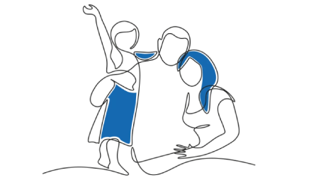 Ilustración lineal de una familia con un niño levantando el brazo, detalles en azul