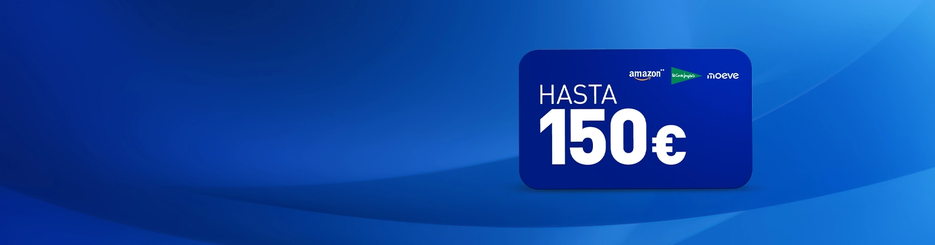 Banner promocional de Santalucía con tarjeta azul que anuncia un bono de hasta 150€ para gastar en Amazon, El Corte Inglés o Moeve. Promoción de bienvenida.