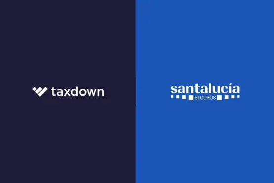 Imagen dividida en dos secciones con los logotipos de TaxDown y Santalucía Seguros sobre fondos corporativos azul oscuro y azul, representando una colaboración tecnológica