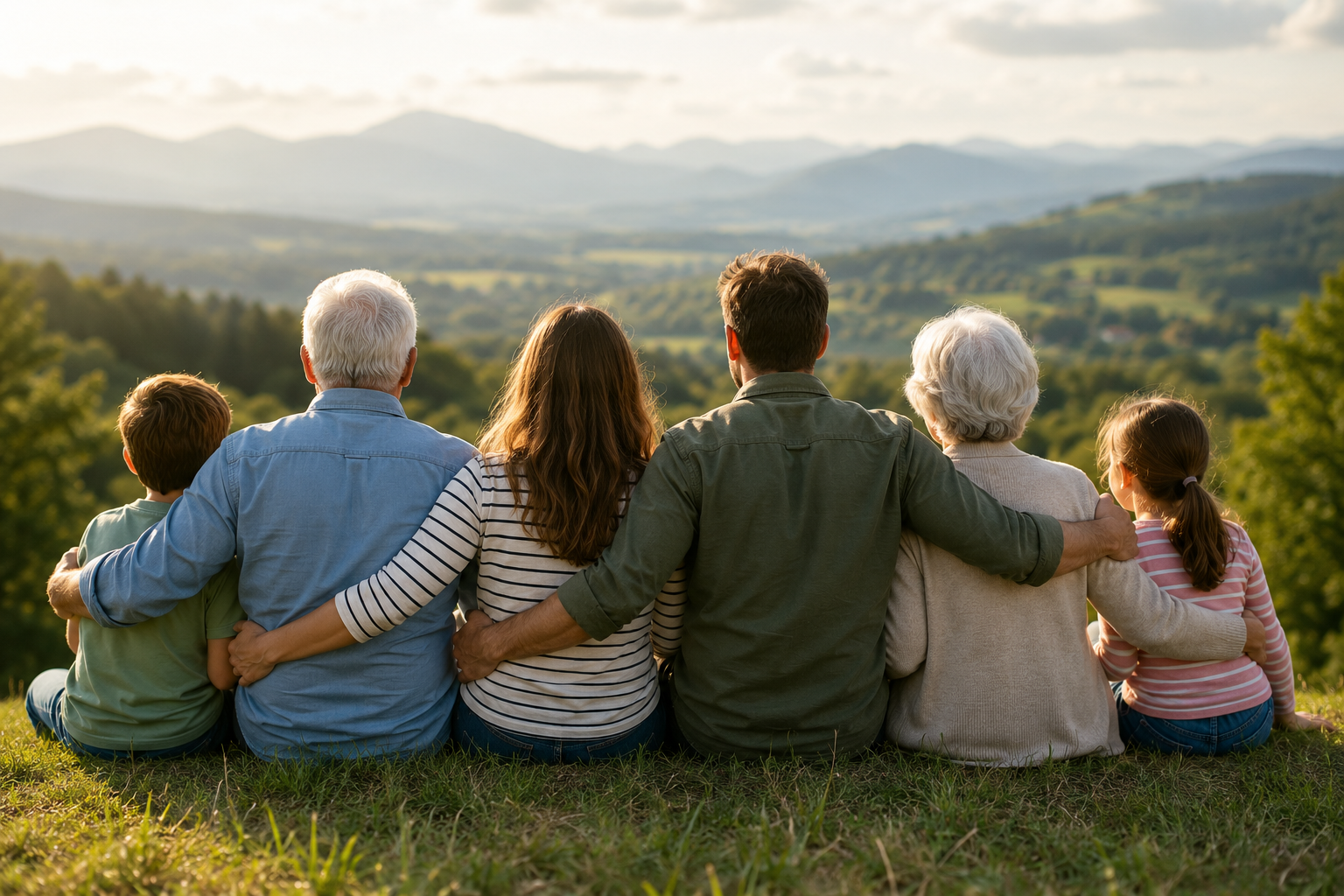 Familia reunida en entorno natural representando la protección y planificación familiar asociada al seguro de decesos en España