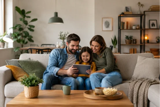 Familia en casa revisando información en una tablet como ejemplo de planificación y protección del hogar con un seguro de hogar adaptado a cada necesidad