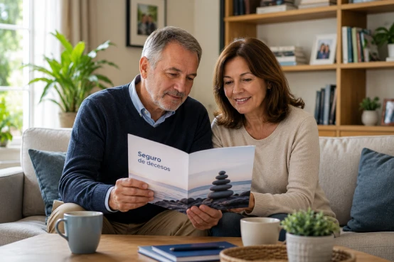 Personas en casa consultando información sobre seguros de decesos para elegir la mejor opción según coberturas, tipo de prima y necesidades familiares.