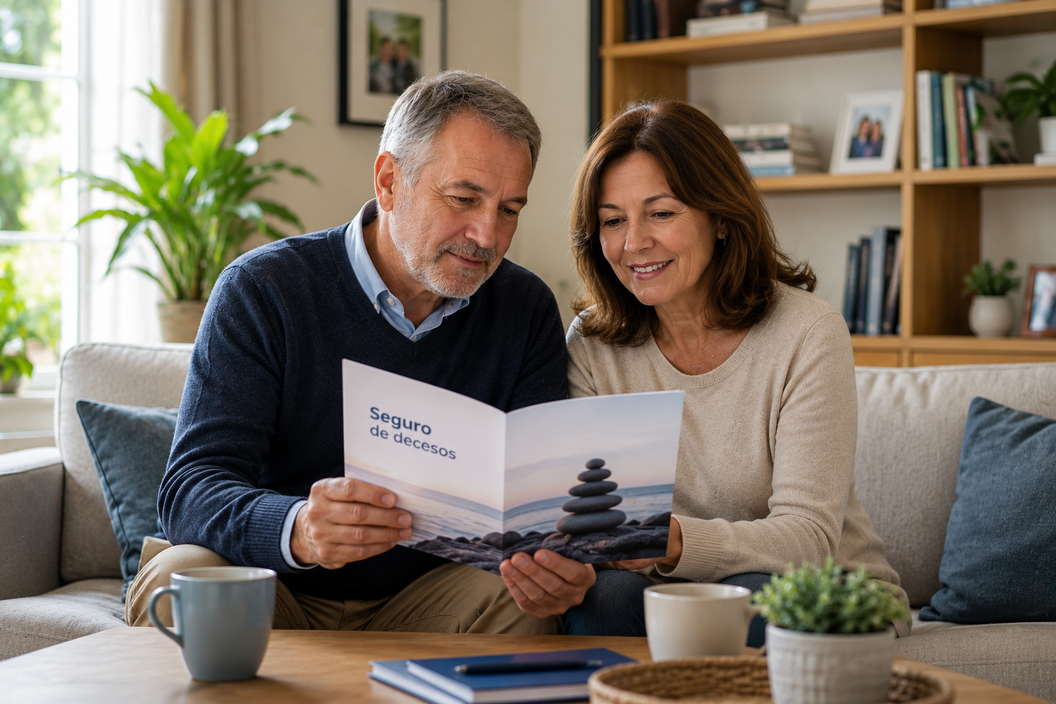 Personas en casa consultando información sobre seguros de decesos para elegir la mejor opción según coberturas, tipo de prima y necesidades familiares.