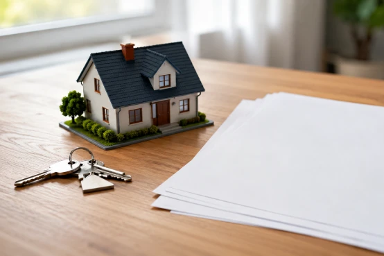 Maqueta de una vivienda, llaves y documentación relacionados con la nota simple registral y la compraventa de una casa