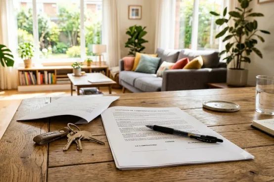 Documentación y llaves de una vivienda de segunda mano durante el proceso de compraventa y firma de la documentación.