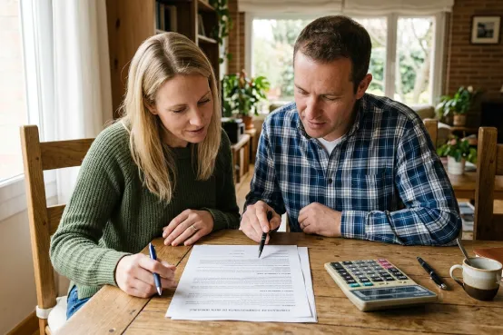 Personas revisando documentación y cálculos relacionados con la compra de una vivienda y el valor de referencia catastral.