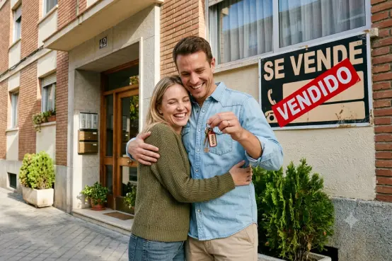 Personas con las llaves de su primera vivienda junto a un cartel de vivienda vendida.